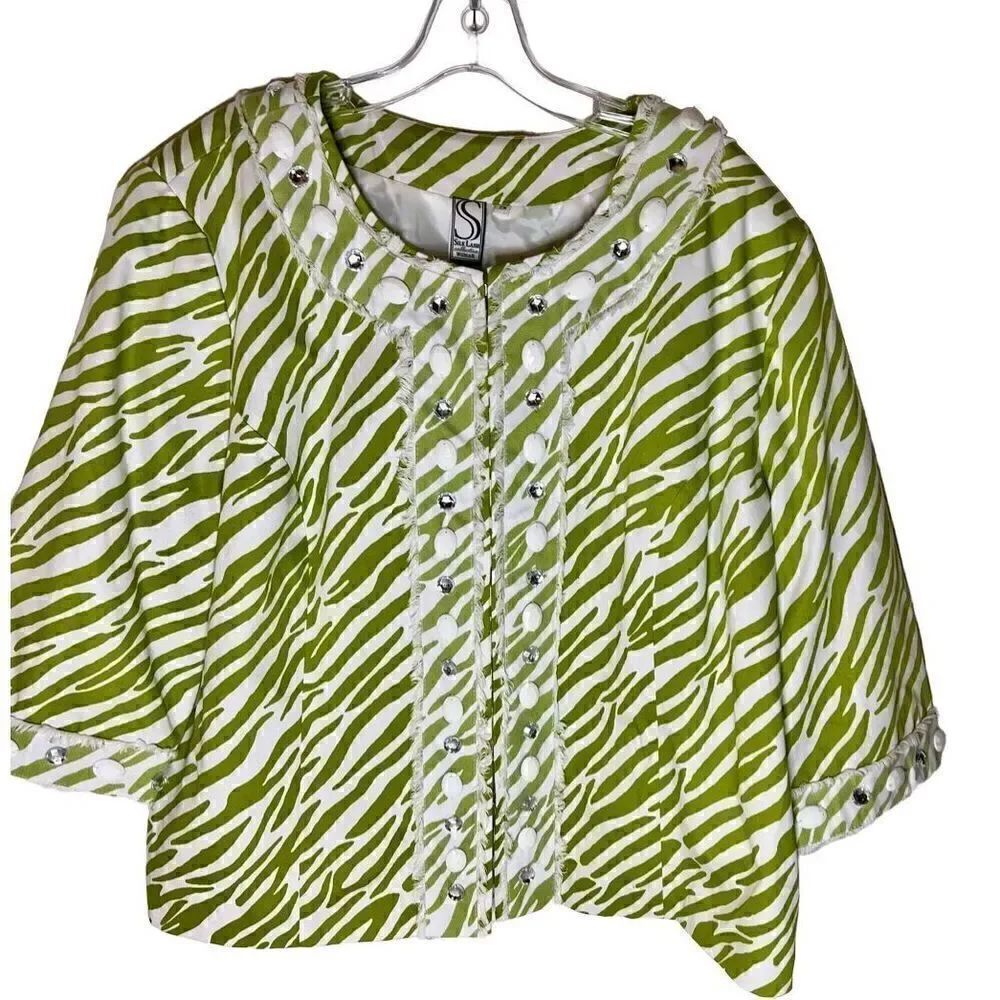 Silk Land Jacket Long Sleeve Boho Lime/White Print Mesh & Jewel Embellished 2XL